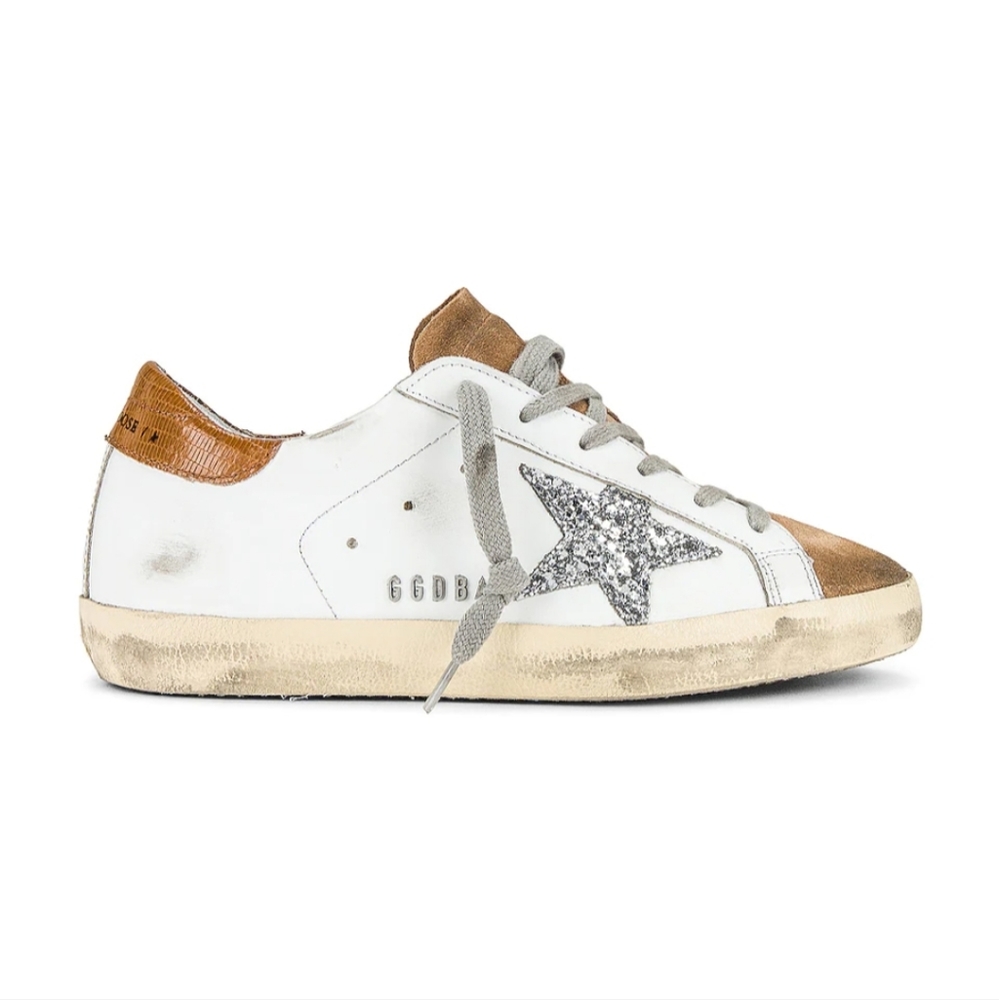 Golden Goose Superstar Sneaker in White, Tobacco, Silver & Taupe size 37 | 7